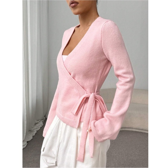 Pink Wrap Tie Side Cardigan Long Sleeve V-Neck - Picture 3 of 9